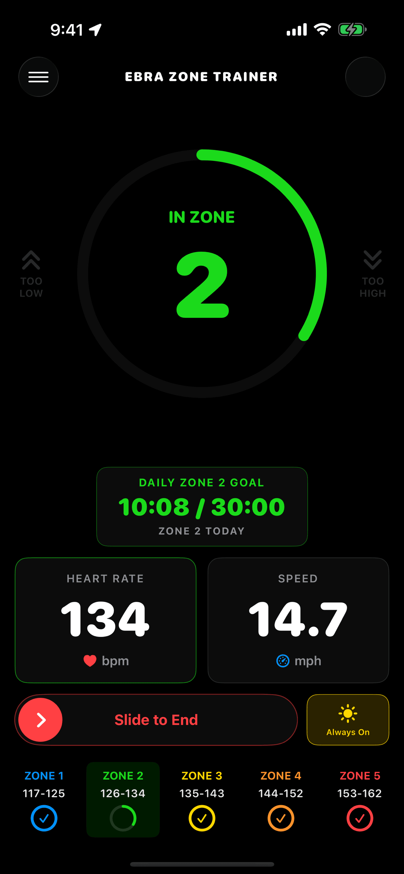 EBRA Zone Trainer showing a live Zone 2 workout at 134 beats per minute, with speed and daily time-in-zone progress.